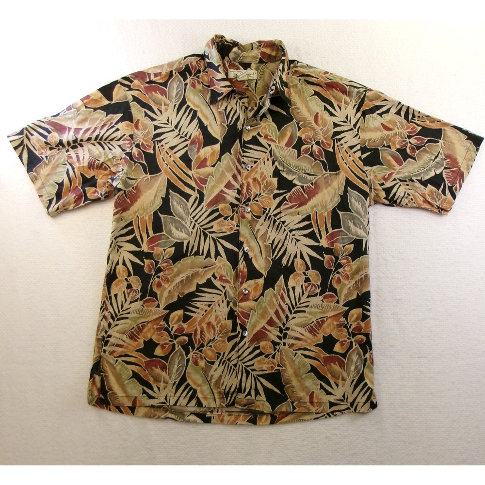 Tori‎ Richard Button Down Shirt Mens L Black Tan Tropical Leaf Cotton Lawn
